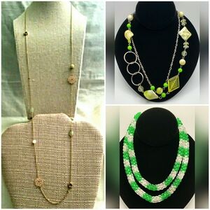 3 Necklace Lot Layered Silver Rings Green Acrylic Charms Beads Gold Flowers ML15